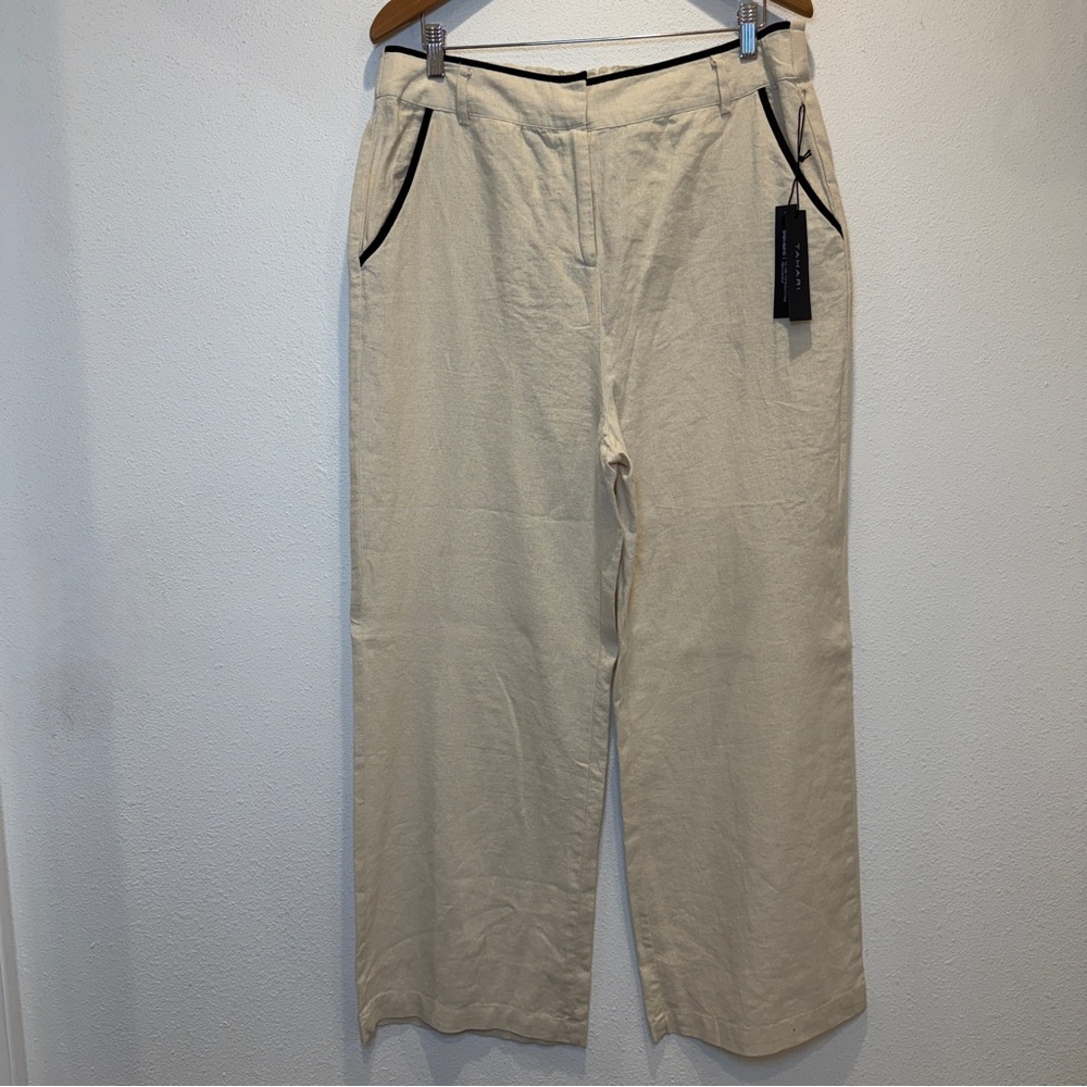 Tahari Cream Wide Leg Pants with Black Trim